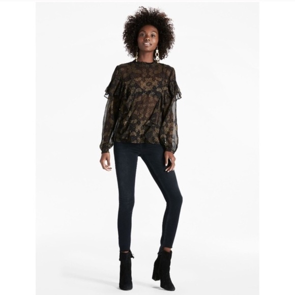 • Lucky Brand • sheer print ruffle high neck top - Picture 3 of 8